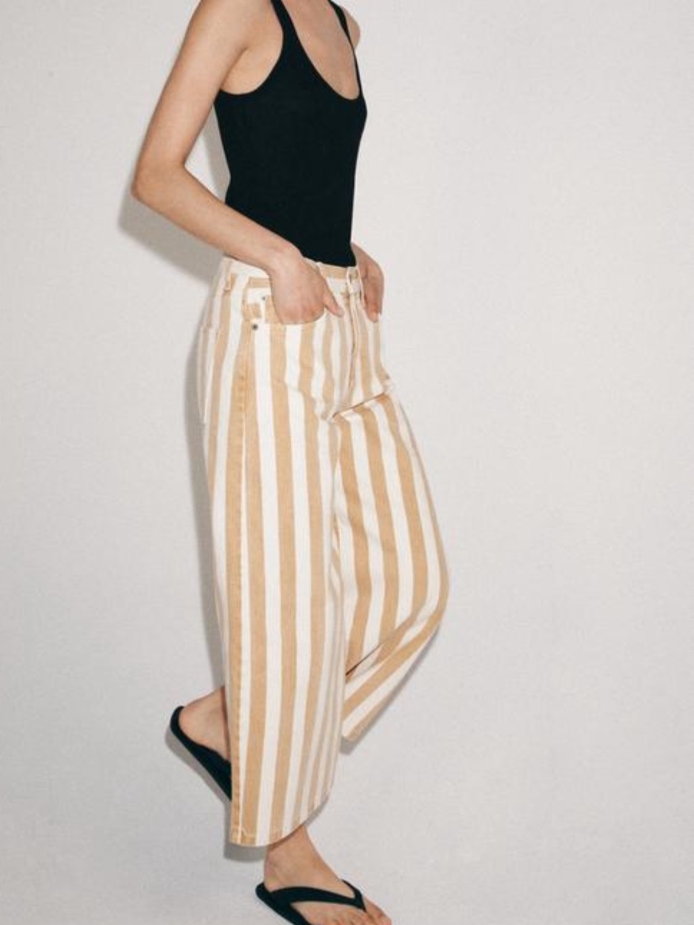 Zara Beige & White Vertical Stripe Wide-Leg Pants